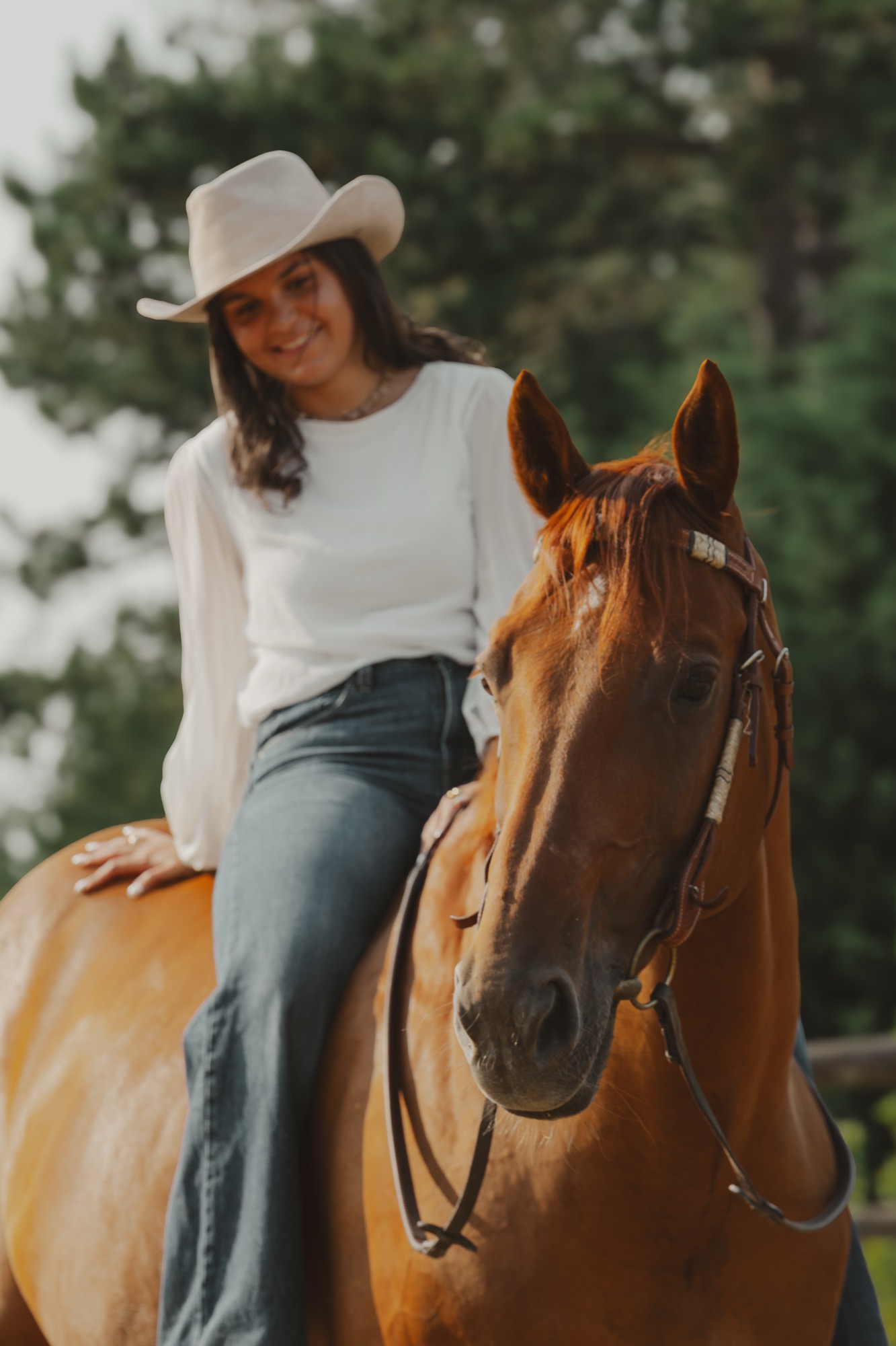 Cavalière souriante au chapeau, assise sur son cheval alezan — photographe équestre Côte d’Opale et Lille